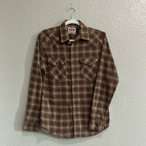 Men's Wrangler Cloud Flannel Free To Stretch Shirt Size Small Plaid Tan - Picture 1 of 11